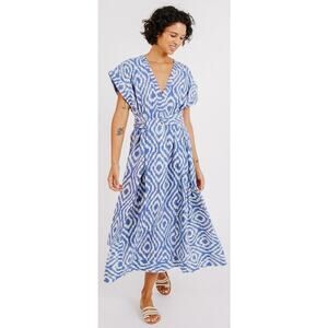 Mirth Oaxaca Dress in Azure Ikat Blue White Midi Length Womens Medium